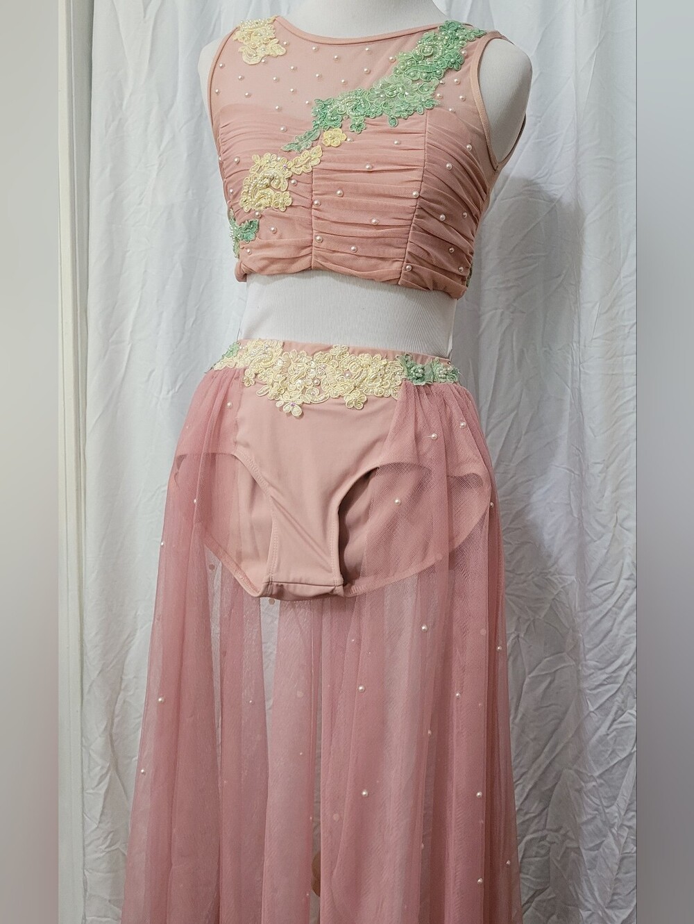 Custom Dance Costume 2 Tops 1 Bottom, Hairpiece Child Size Medium/Large 12-14